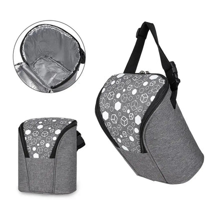 Breast milk cooler bag with insulated lining, ice pack, and adjustable strap.