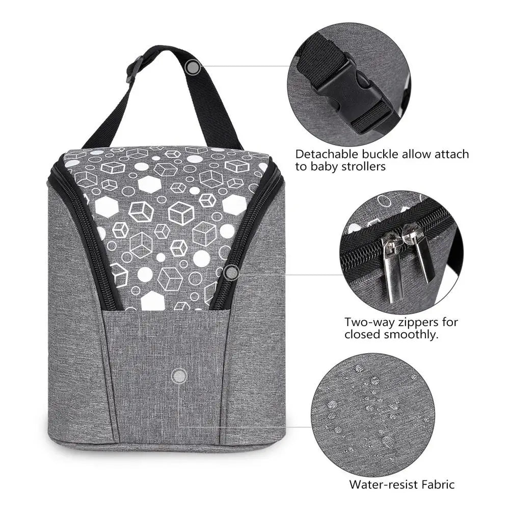 Breast milk cooler bag with insulated lining, ice pack, and adjustable strap.