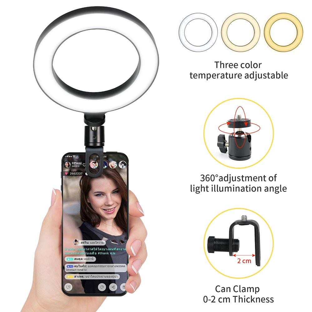 6.3 Inch LED ring light with adjustable brightness and bi-color temperature for selfies, live streaming, and video conferencing.