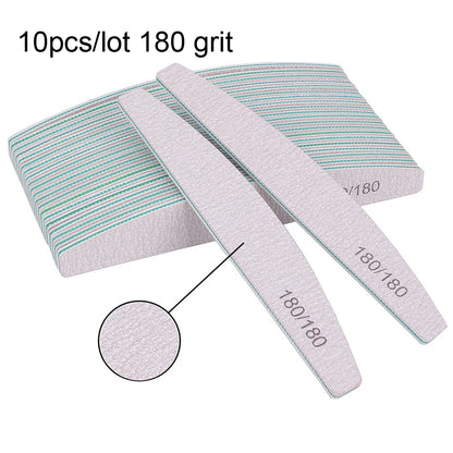 Set of 5 or 10 half-moon shaped professional nail files with 100/180 grit, perfect for shaping and smoothing nails.