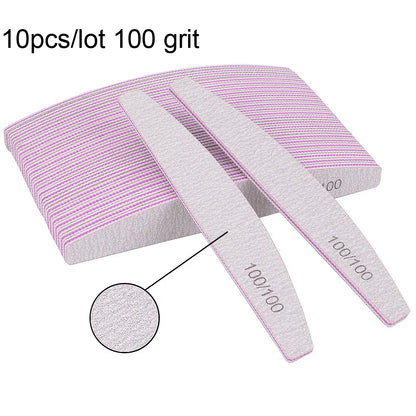 Set of 5 or 10 half-moon shaped professional nail files with 100/180 grit, perfect for shaping and smoothing nails.