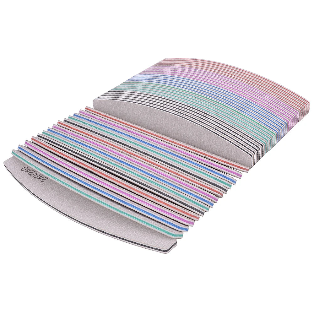 Set of 5 or 10 half-moon shaped professional nail files with 100/180 grit, perfect for shaping and smoothing nails.