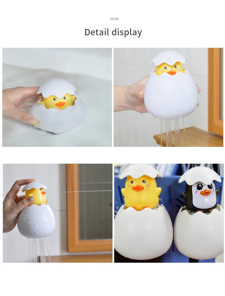 Cute duck and penguin bath toys with water spraying action for kids aged 0-6.