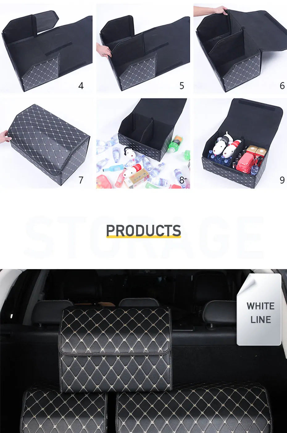 SEAMETAL Luxury Car Trunk Organizer - PU Leather Large Trunk Storage Box with Hook and Loop Lid