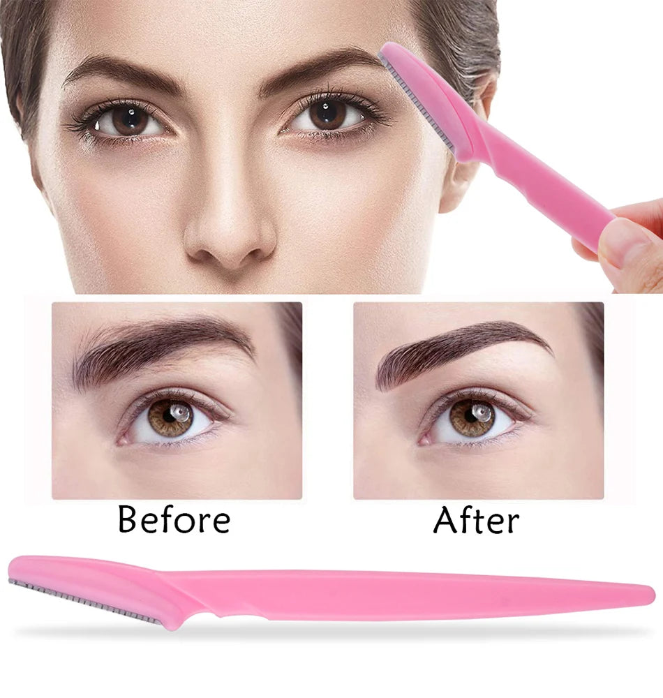 Eyebrow trimmer set in pink, yellow, blue, and black, featuring stainless steel blades and ergonomic handles. Includes 3, 4, or 10 pieces for portable grooming.