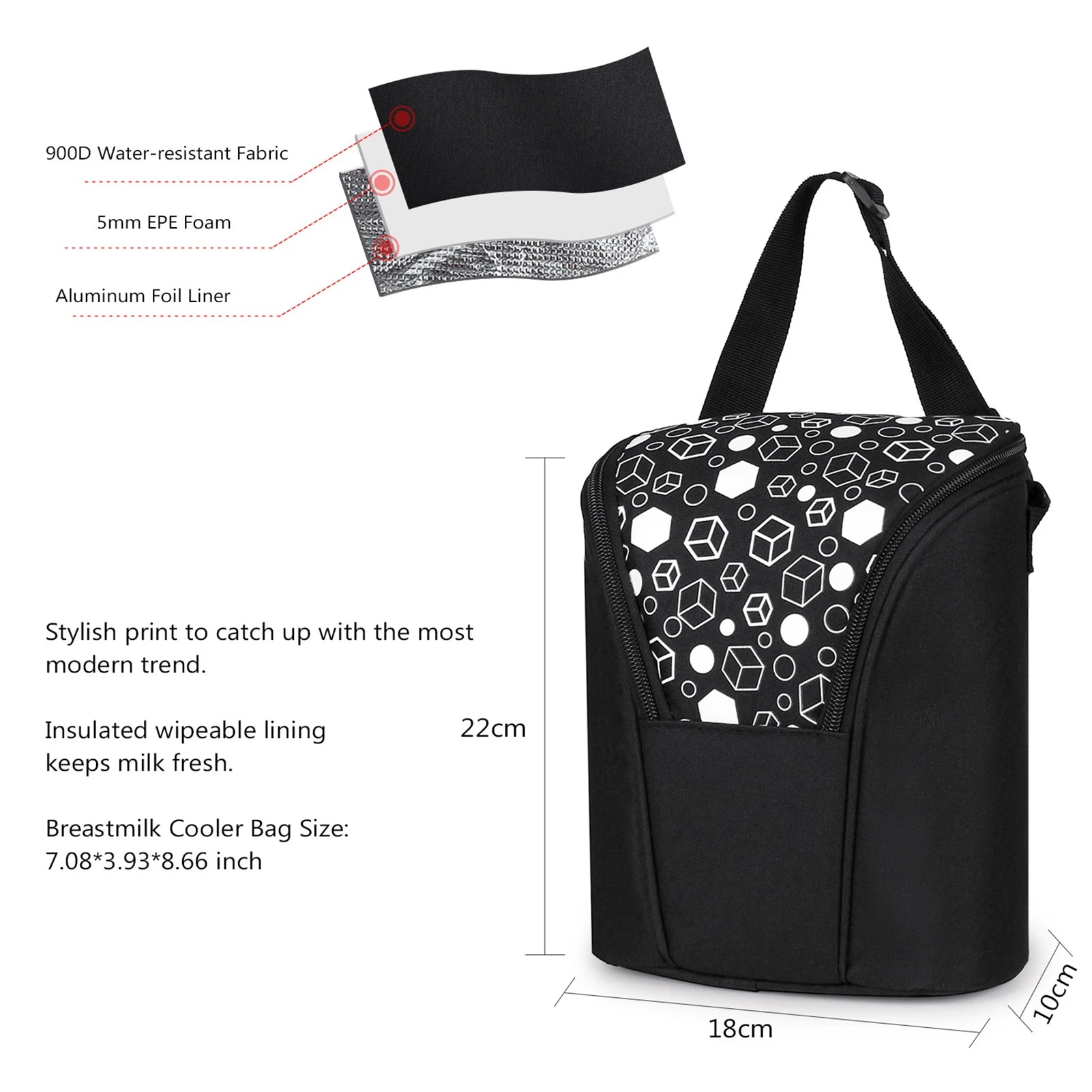 Breast milk cooler bag with insulated lining, ice pack, and adjustable strap.