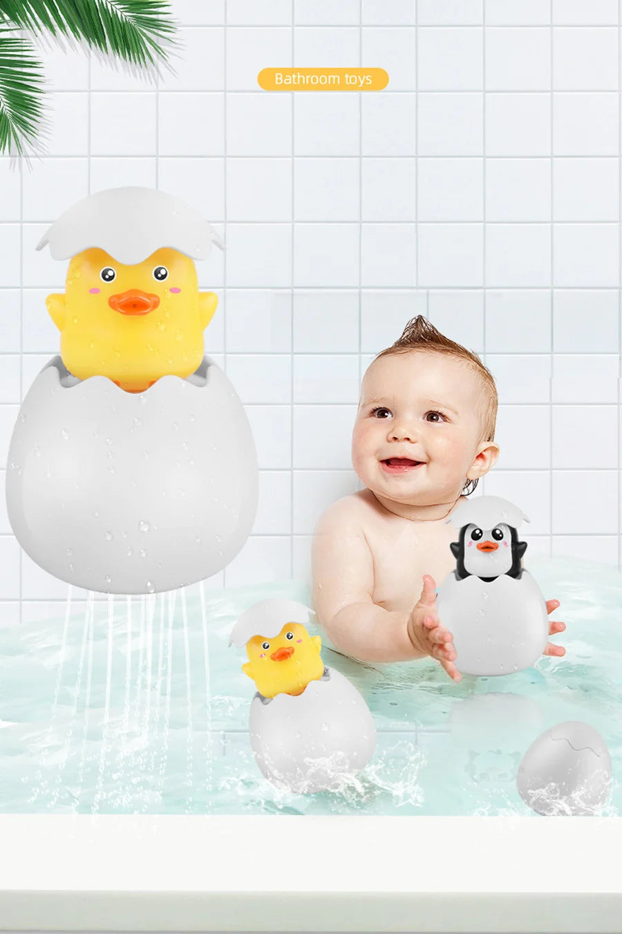 Cute duck and penguin bath toys with water spraying action for kids aged 0-6.