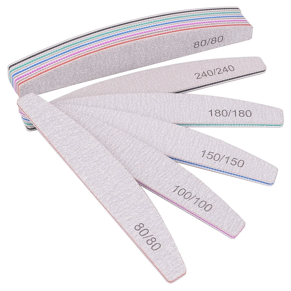 Set of 5 or 10 half-moon shaped professional nail files with 100/180 grit, perfect for shaping and smoothing nails.