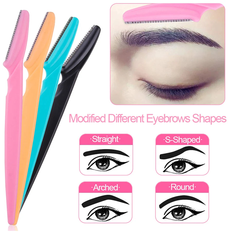 Eyebrow trimmer set in pink, yellow, blue, and black, featuring stainless steel blades and ergonomic handles. Includes 3, 4, or 10 pieces for portable grooming.