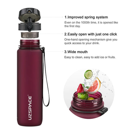 UZSPACE BPA-free sports water bottle in 500ml, 800ml, and 1000ml sizes