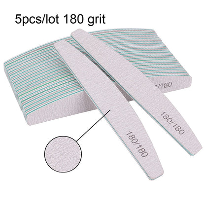 Set of 5 or 10 half-moon shaped professional nail files with 100/180 grit, perfect for shaping and smoothing nails.