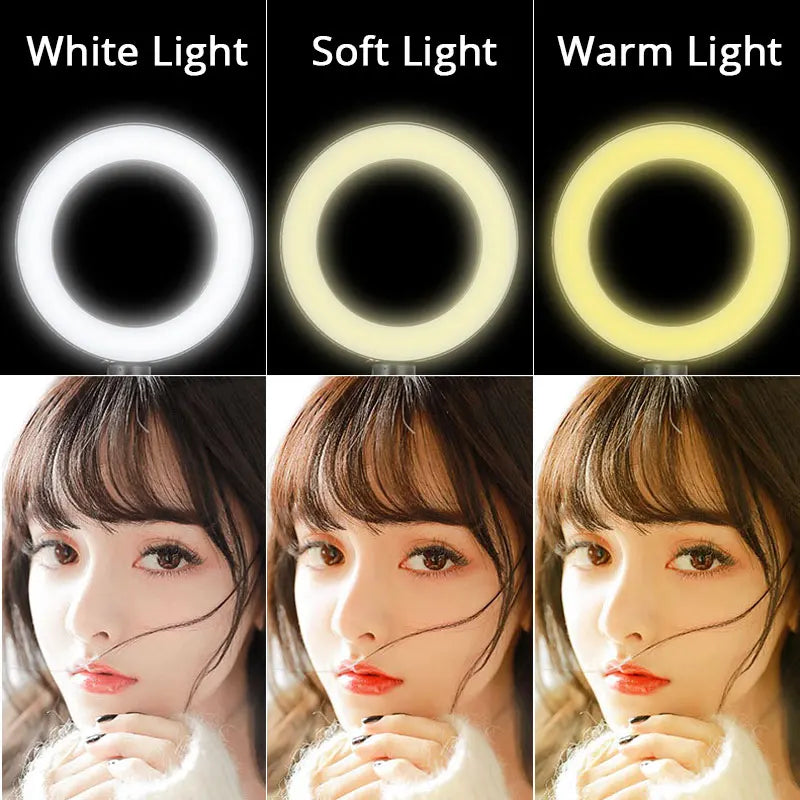 6.3 Inch LED ring light with adjustable brightness and bi-color temperature for selfies, live streaming, and video conferencing.