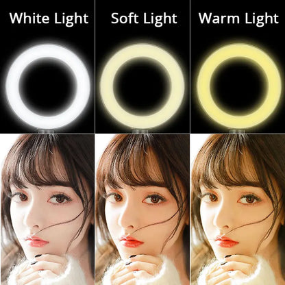 6.3 Inch LED ring light with adjustable brightness and bi-color temperature for selfies, live streaming, and video conferencing.