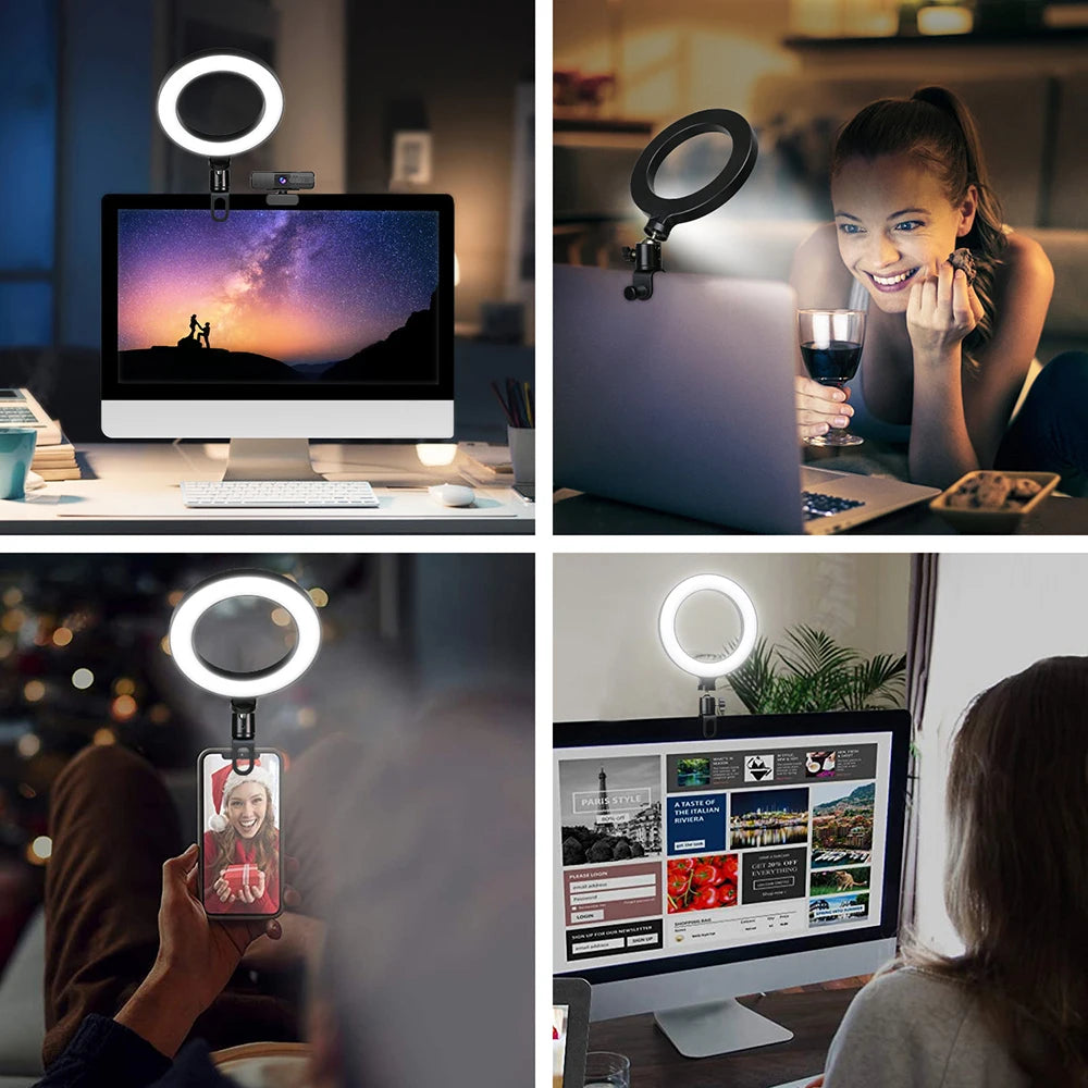 6.3 Inch LED ring light with adjustable brightness and bi-color temperature for selfies, live streaming, and video conferencing.