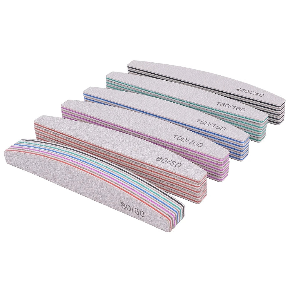 Set of 5 or 10 half-moon shaped professional nail files with 100/180 grit, perfect for shaping and smoothing nails.