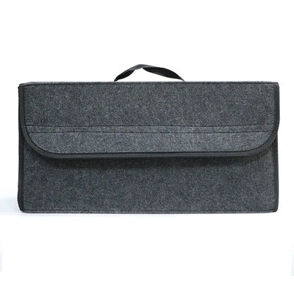 Foldable felt cloth car trunk organizer in black with items neatly stored inside