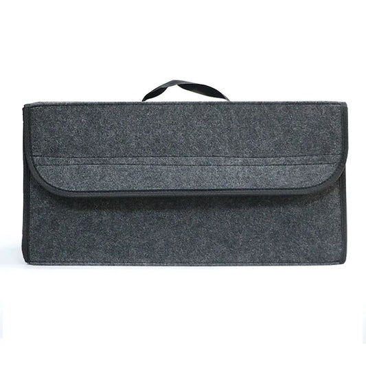 Foldable felt cloth car trunk organizer in black with items neatly stored inside