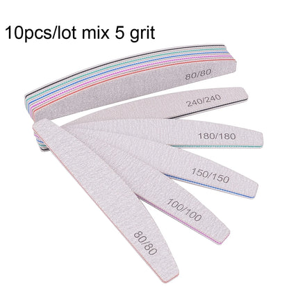 Set of 5 or 10 half-moon shaped professional nail files with 100/180 grit, perfect for shaping and smoothing nails.