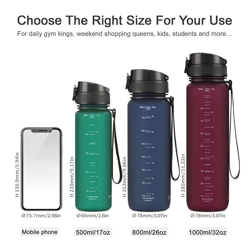 UZSPACE BPA-free sports water bottle in 500ml, 800ml, and 1000ml sizes