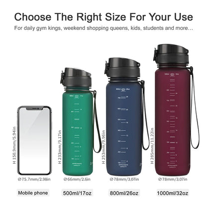 UZSPACE BPA-free sports water bottle in 500ml, 800ml, and 1000ml sizes