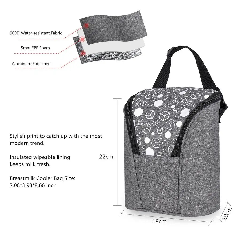 Breast milk cooler bag with insulated lining, ice pack, and adjustable strap.