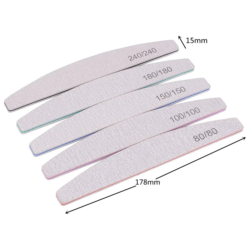 Set of 5 or 10 half-moon shaped professional nail files with 100/180 grit, perfect for shaping and smoothing nails.