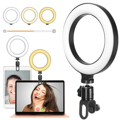 6.3 Inch LED ring light with adjustable brightness and bi-color temperature for selfies, live streaming, and video conferencing.