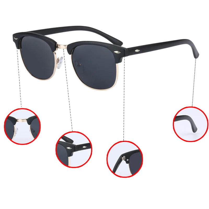 UV400 HD polarized semi-rimless sunglasses with black plastic titanium frame and Polaroid lenses, designed for both men and women.