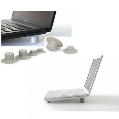 Two large and two small grey laptop cooling pads, designed to prevent overheating and provide stability with a skidproof surface, suitable for universal laptop sizes.