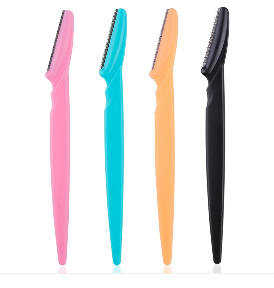 Eyebrow trimmer set in pink, yellow, blue, and black, featuring stainless steel blades and ergonomic handles. Includes 3, 4, or 10 pieces for portable grooming.