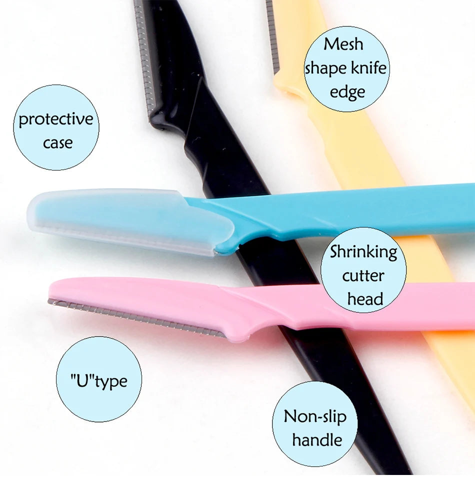 Eyebrow trimmer set in pink, yellow, blue, and black, featuring stainless steel blades and ergonomic handles. Includes 3, 4, or 10 pieces for portable grooming.