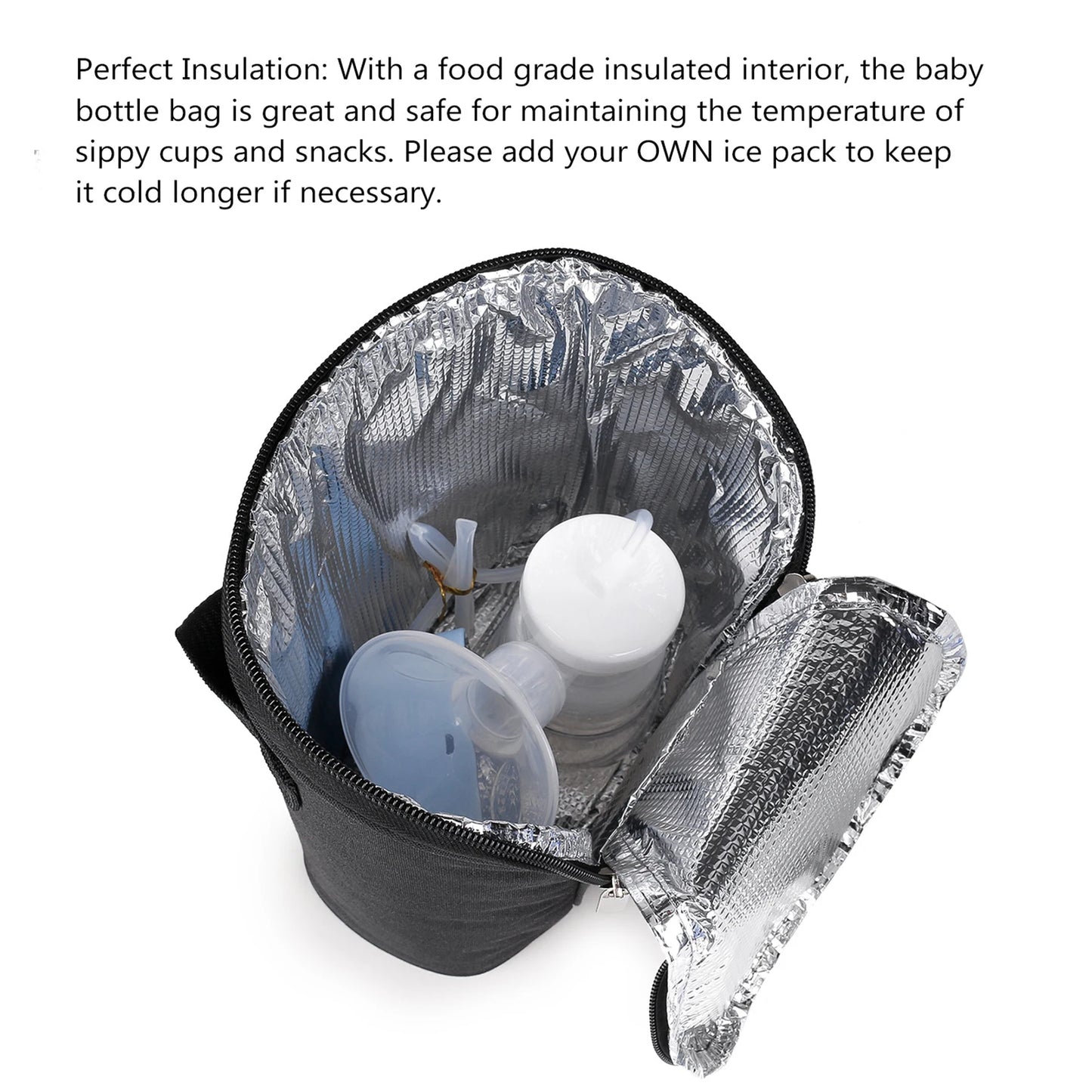 Breast milk cooler bag with insulated lining, ice pack, and adjustable strap.