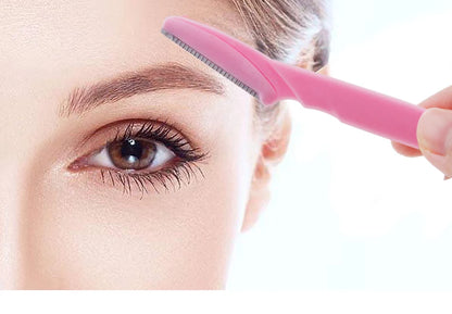 Eyebrow trimmer set in pink, yellow, blue, and black, featuring stainless steel blades and ergonomic handles. Includes 3, 4, or 10 pieces for portable grooming.