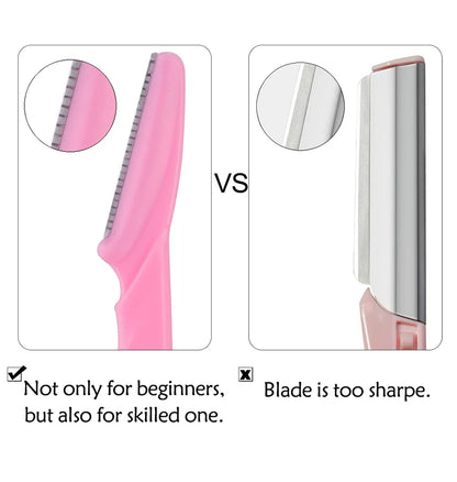 Eyebrow trimmer set in pink, yellow, blue, and black, featuring stainless steel blades and ergonomic handles. Includes 3, 4, or 10 pieces for portable grooming.