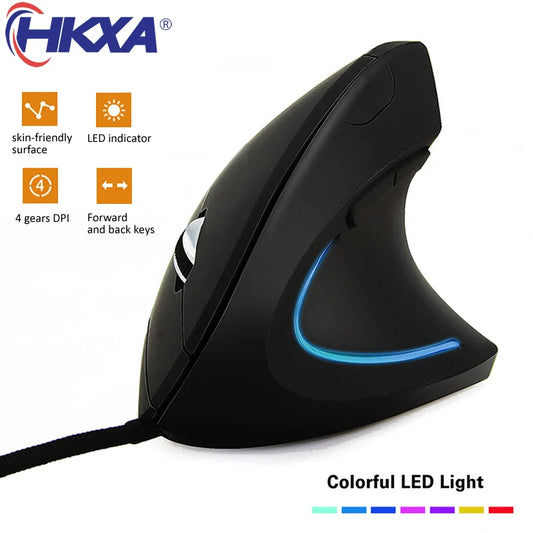 Wired right-hand vertical RGB gaming mouse with ergonomic design and adjustable DPI settings.