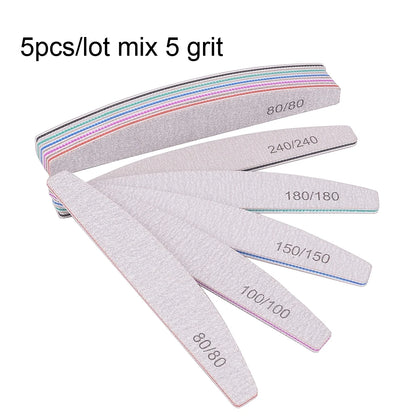 Set of 5 or 10 half-moon shaped professional nail files with 100/180 grit, perfect for shaping and smoothing nails.