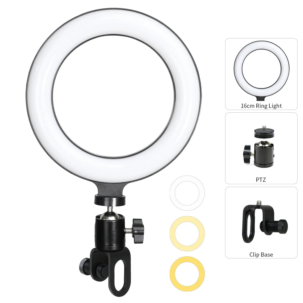 6.3 Inch LED ring light with adjustable brightness and bi-color temperature for selfies, live streaming, and video conferencing.