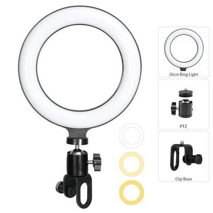 6.3 Inch LED ring light with adjustable brightness and bi-color temperature for selfies, live streaming, and video conferencing.