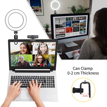 6.3 Inch LED ring light with adjustable brightness and bi-color temperature for selfies, live streaming, and video conferencing.