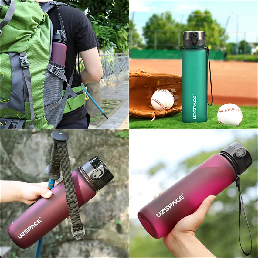 UZSPACE BPA-free sports water bottle in 500ml, 800ml, and 1000ml sizes