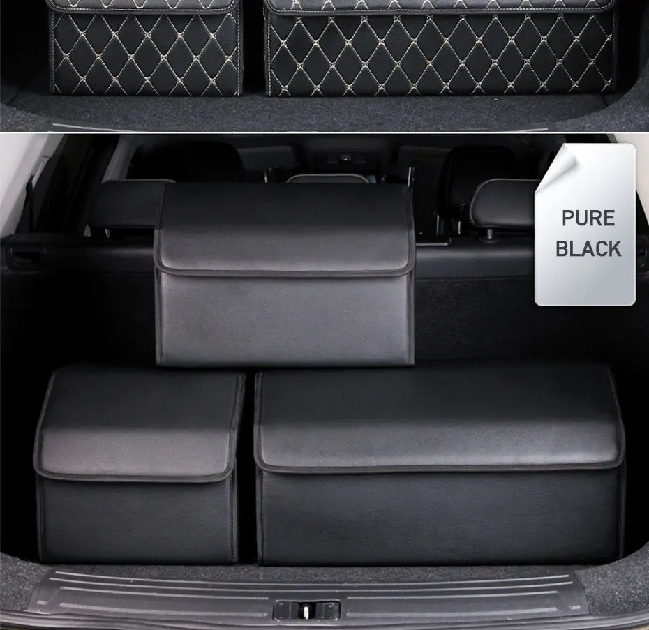 SEAMETAL Luxury Car Trunk Organizer - PU Leather Large Trunk Storage Box with Hook and Loop Lid