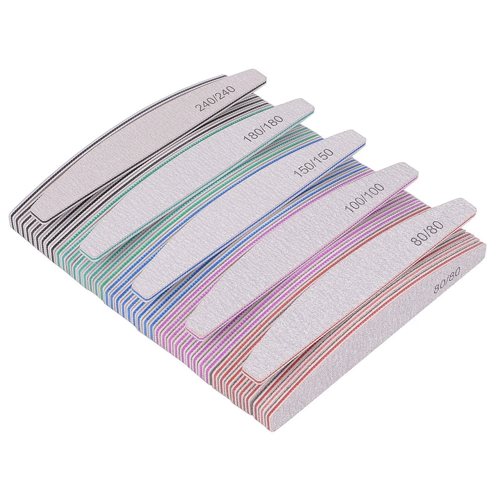 Set of 5 or 10 half-moon shaped professional nail files with 100/180 grit, perfect for shaping and smoothing nails.