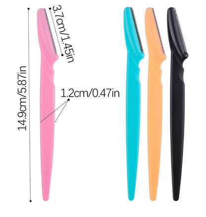 Eyebrow trimmer set in pink, yellow, blue, and black, featuring stainless steel blades and ergonomic handles. Includes 3, 4, or 10 pieces for portable grooming.