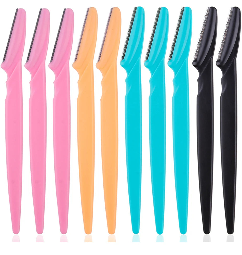 Eyebrow trimmer set in pink, yellow, blue, and black, featuring stainless steel blades and ergonomic handles. Includes 3, 4, or 10 pieces for portable grooming.