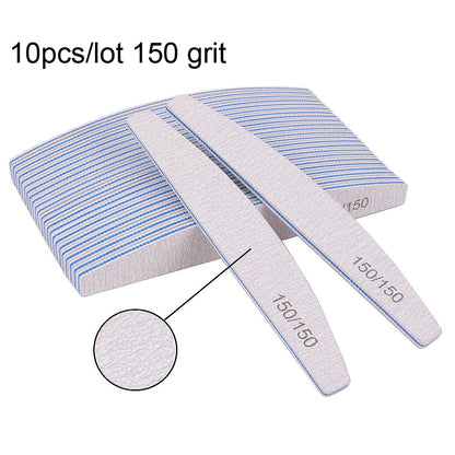 Set of 5 or 10 half-moon shaped professional nail files with 100/180 grit, perfect for shaping and smoothing nails.