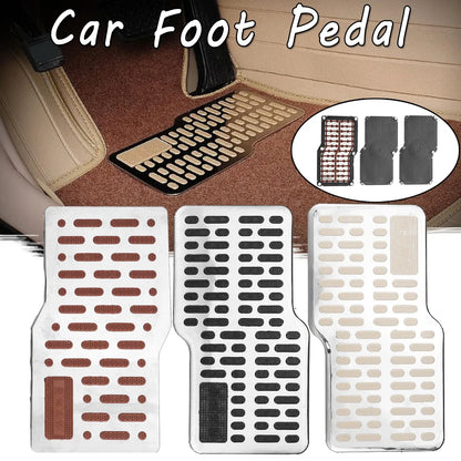 Car foot rest pedal board with anti-slip stainless steel heel pad and floor carpet mat in black, beige, and brown. Fits car, truck, and SUV.