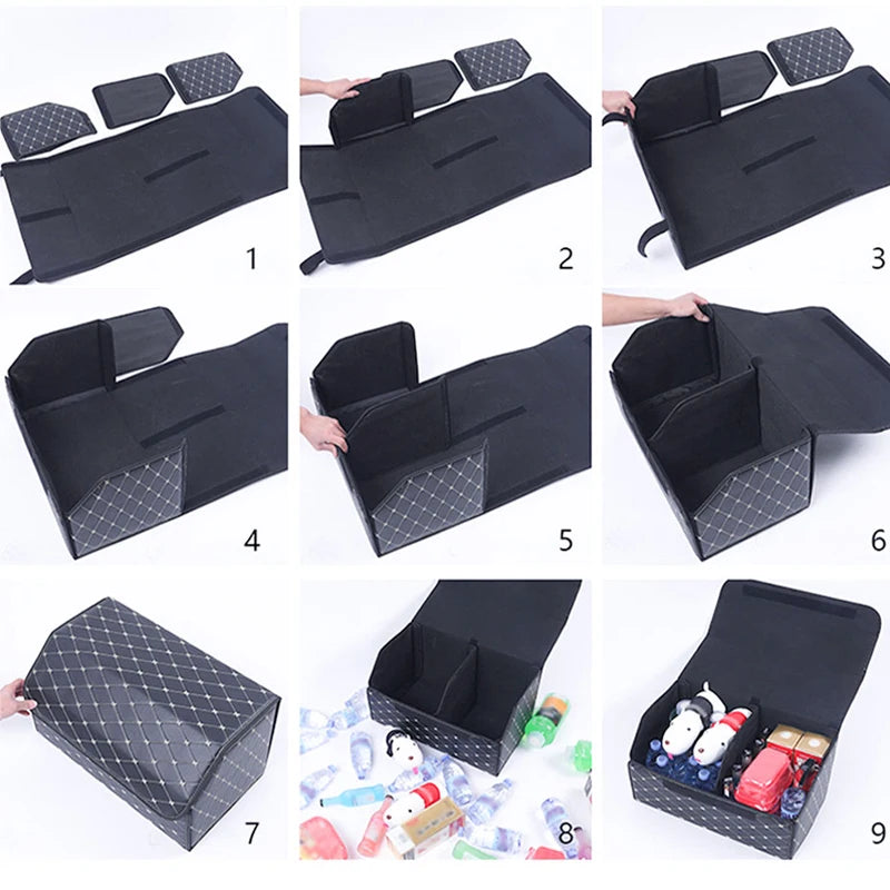 SEAMETAL Luxury Car Trunk Organizer - PU Leather Large Trunk Storage Box with Hook and Loop Lid