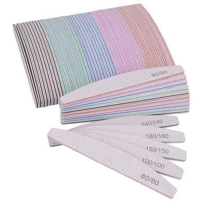 Set of 5 or 10 half-moon shaped professional nail files with 100/180 grit, perfect for shaping and smoothing nails.