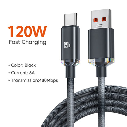 120W 6A Fast Charge USB Type-C Cable, compatible with Samsung, Realme, Xiaomi, Huawei