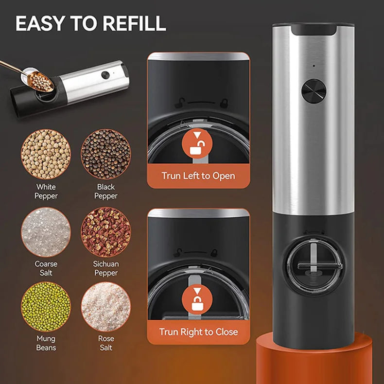 Close-up of USB rechargeable electric salt and pepper grinder set with LED light, stainless steel body, and adjustable coarseness knob. Perfect for precise seasoning in the kitchen.